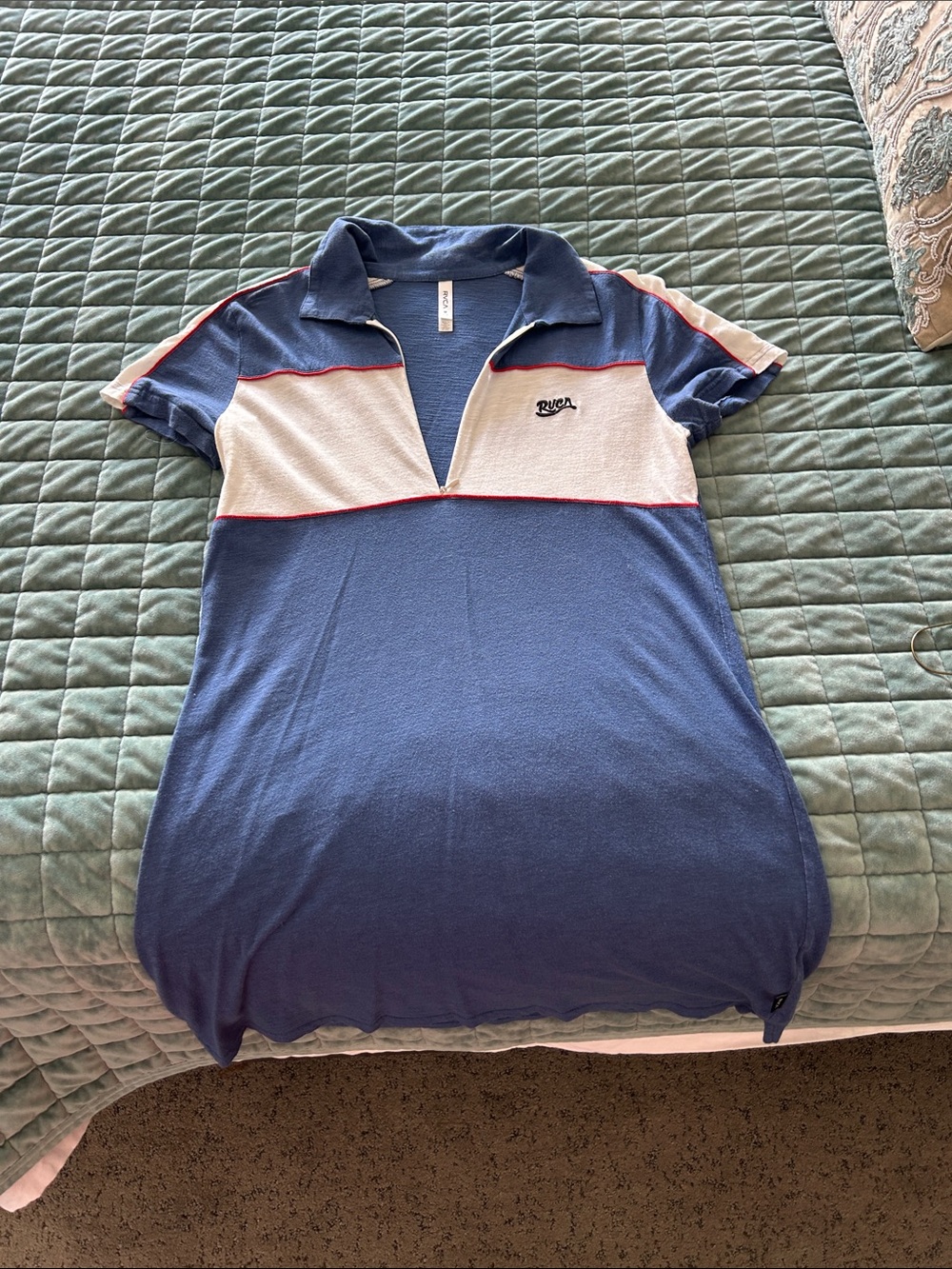 RVCA Blue and White Polo Shirt Dress with Red Trim